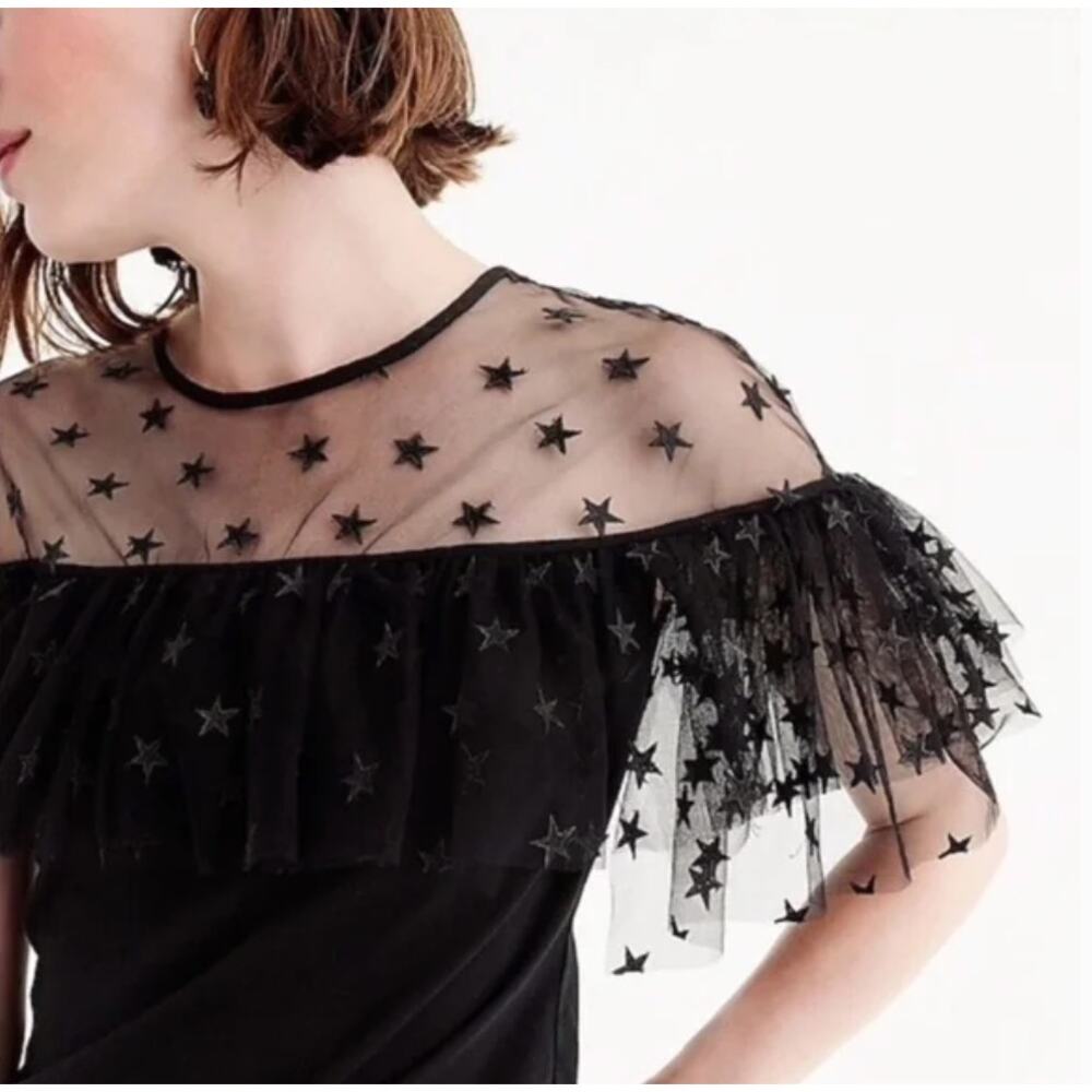 J.Crew Star Mesh Yoke Ruffled Short Sleeve Black Blouse